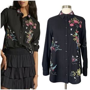 Anthropologie | Pilcro Embroidered Western Linen Black Needlepoint Button Down S